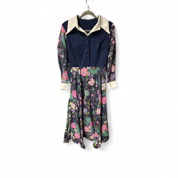 Handmade Dresses & Skirts - Vintage 70s handmade midi navy floral dress white pointed collar Small